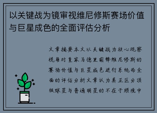 以关键战为镜审视维尼修斯赛场价值与巨星成色的全面评估分析